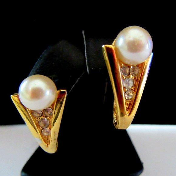 Gold tone faux pearl & rhinestone pierced earrings - bride - prom - evening wear - Picture 1 of 5
